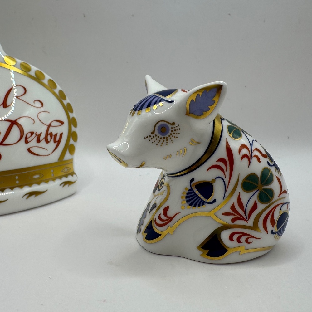 Royal Crown Derby Sitting Piglet Bone China Paperweight Figurine. Various.
